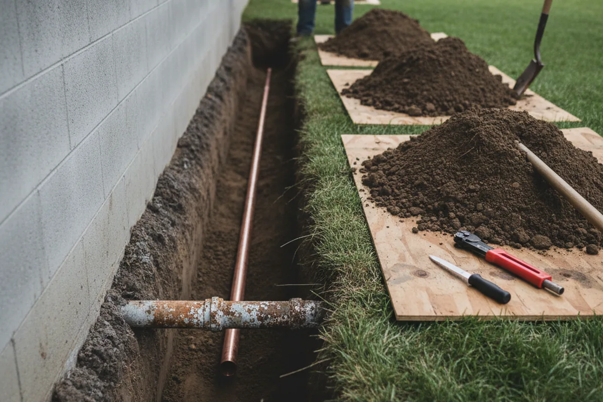 Excavated water line trench during Water Softener Installation in Rimforest
